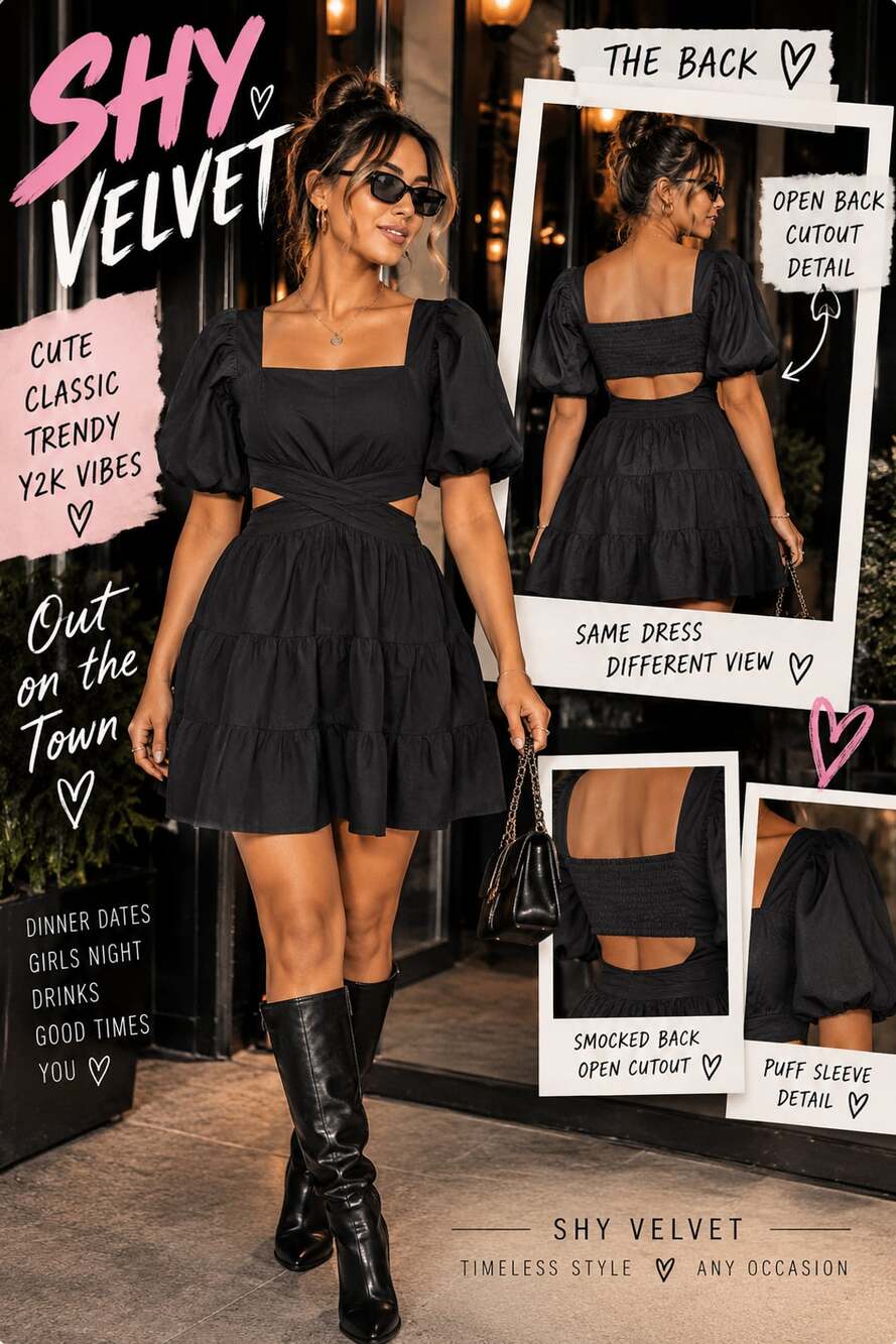 Shy Velvet Cutout Dress Size M Black Tiered Puff Sleeve Mini